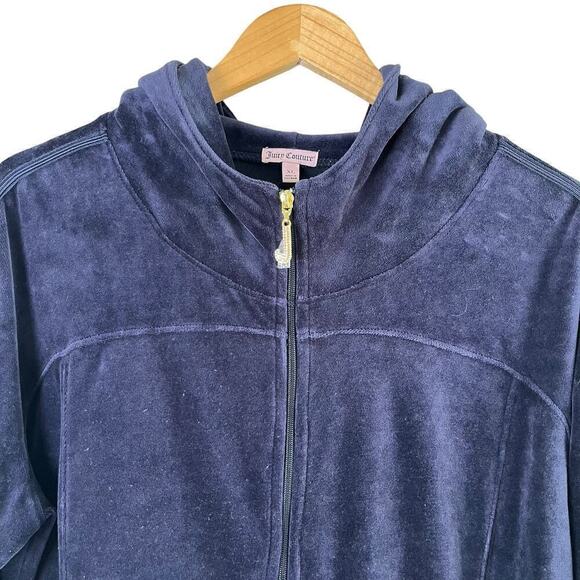 Juicy Couture Y2K Velvet Hoodie Track Jacket Bling Zipper Pull Tab Navy Blue, XL - Picture 2 of 11